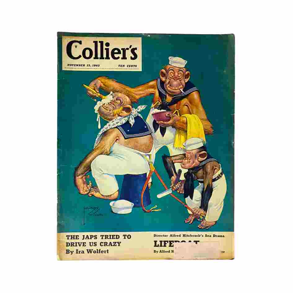 Cover of VTG Collier's Magazine November 13, 1943 featuring whimsical artwork by Lawson Wood, depicting monkeys in sailor outfits.