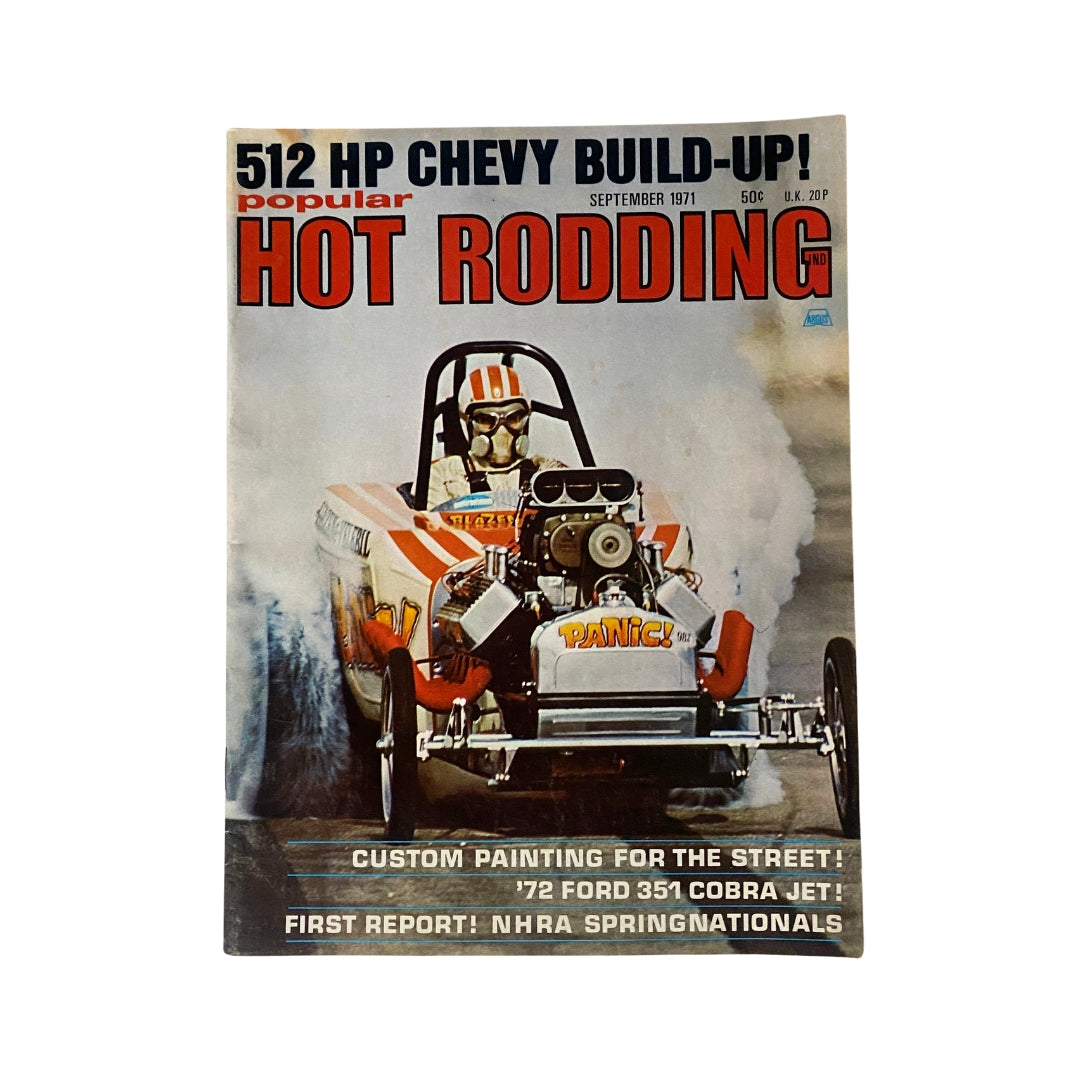 Cover of Popular Hot Rodding Magazine September 1971 featuring a drag racing car, with the headline '512 HP CHEVY BUILD-UP!' and articles on custom painting and NHRA Springnationals.