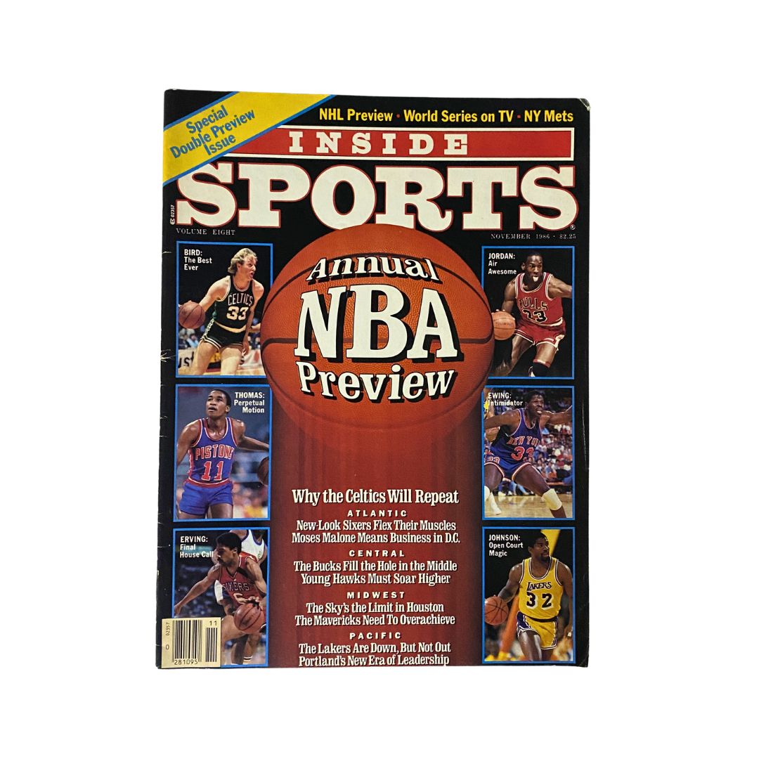 Cover of Inside Sports Magazine, November 1986, featuring Michael Jordan and Isiah Thomas, highlighting the annual NBA preview.