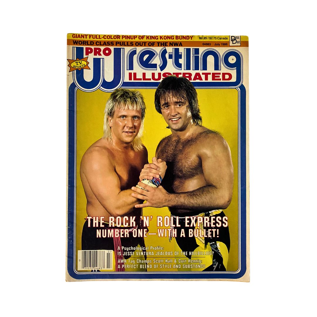 Pro Wrestling Illustrated Magazine July 1986 cover featuring King Kong Bundy, showcasing The Rock 'N' Roll Express. A collectible vintage wrestling magazine.
