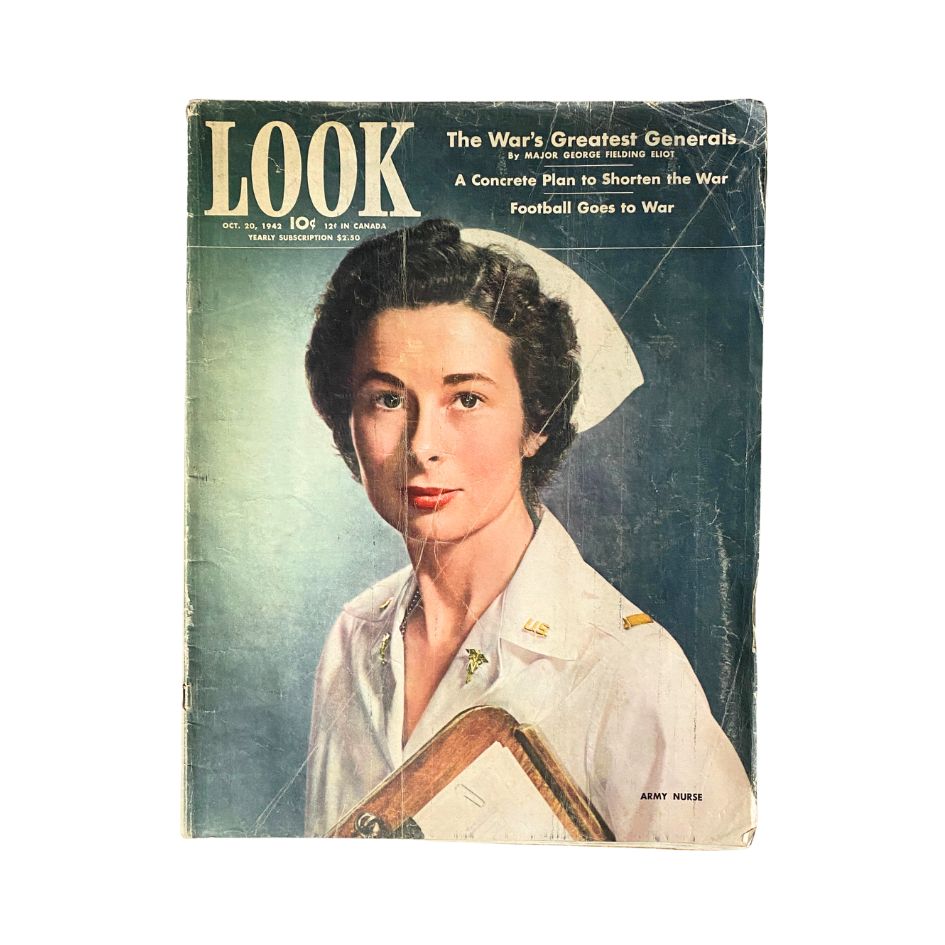 Cover of VTG Look Magazine October 20, 1942 Vol 6 No. 21 featuring a portrait of an army nurse, showcasing the significant role of women in World War II.