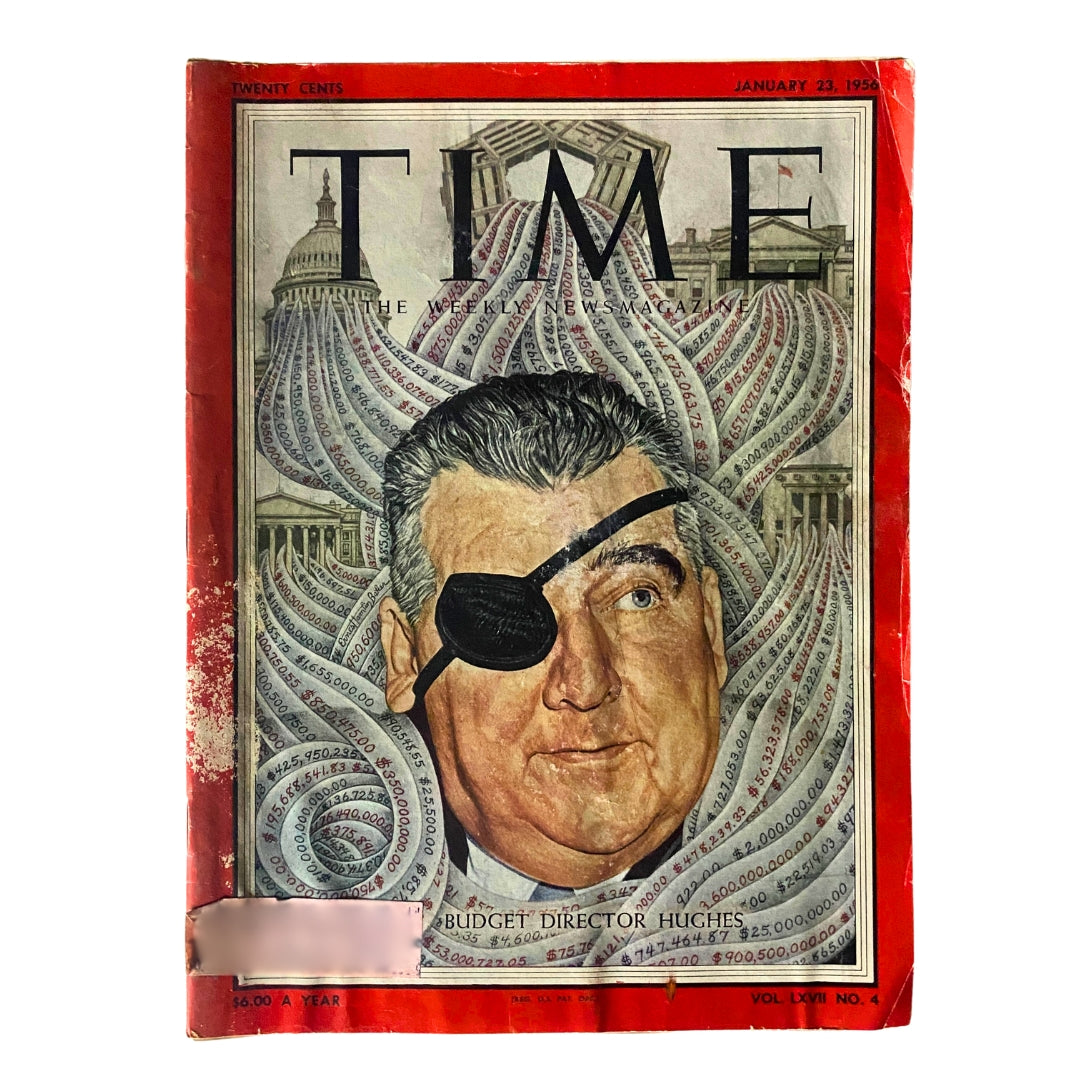 Cover of VTG Time Magazine January 23, 1956 featuring Rowland Hughes, showcasing a prominent figure in an eyepatch against a colorful spiral background with significant financial graphics.