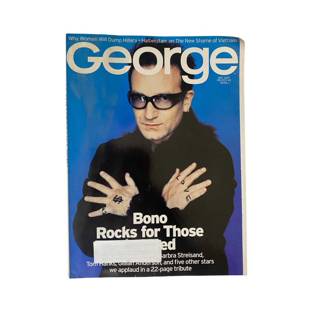 George Magazine April 2000 featuring Bono on the cover, showcasing his role as a rock star and activist, alongside highlights of Barbra Streisand and Tom Hanks.