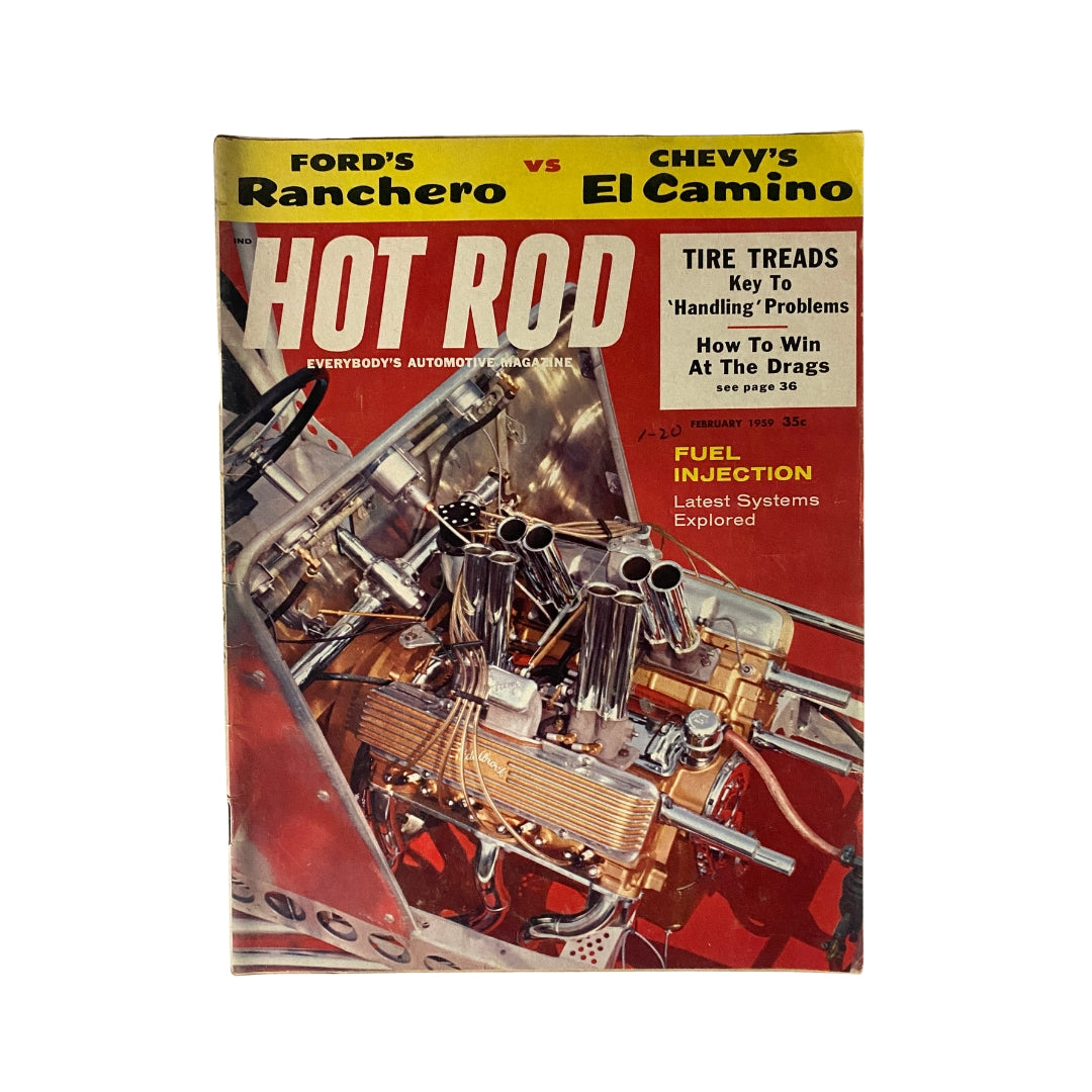 Cover of VTG Hot Rod Magazine February 1959 featuring Ford Ranchero vs Chevy El Camino with automotive engine details.