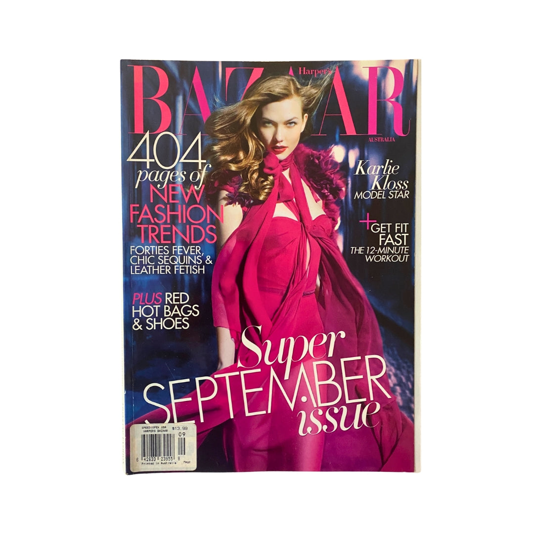 Cover of Harper's Bazaar Australia Magazine September 2011 featuring supermodel Karlie Kloss, highlighting the theme of new fashion trends with a focus on the super September issue.