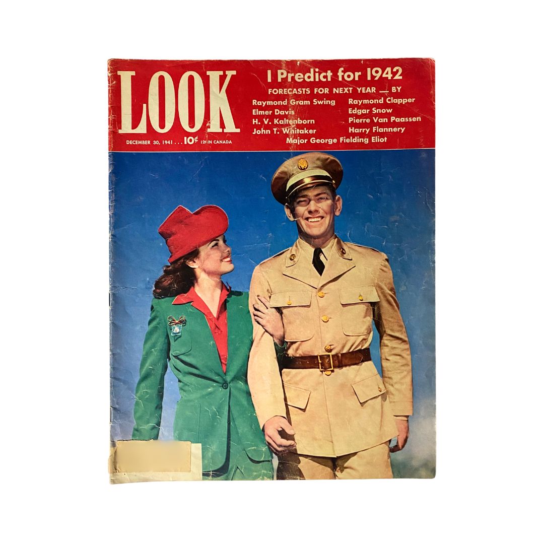 Cover of Look Magazine December 30, 1941 Vol 5 No. 26 featuring a woman in a green suit and a red hat alongside a man in military uniform, titled 'I Predict for 1942'.