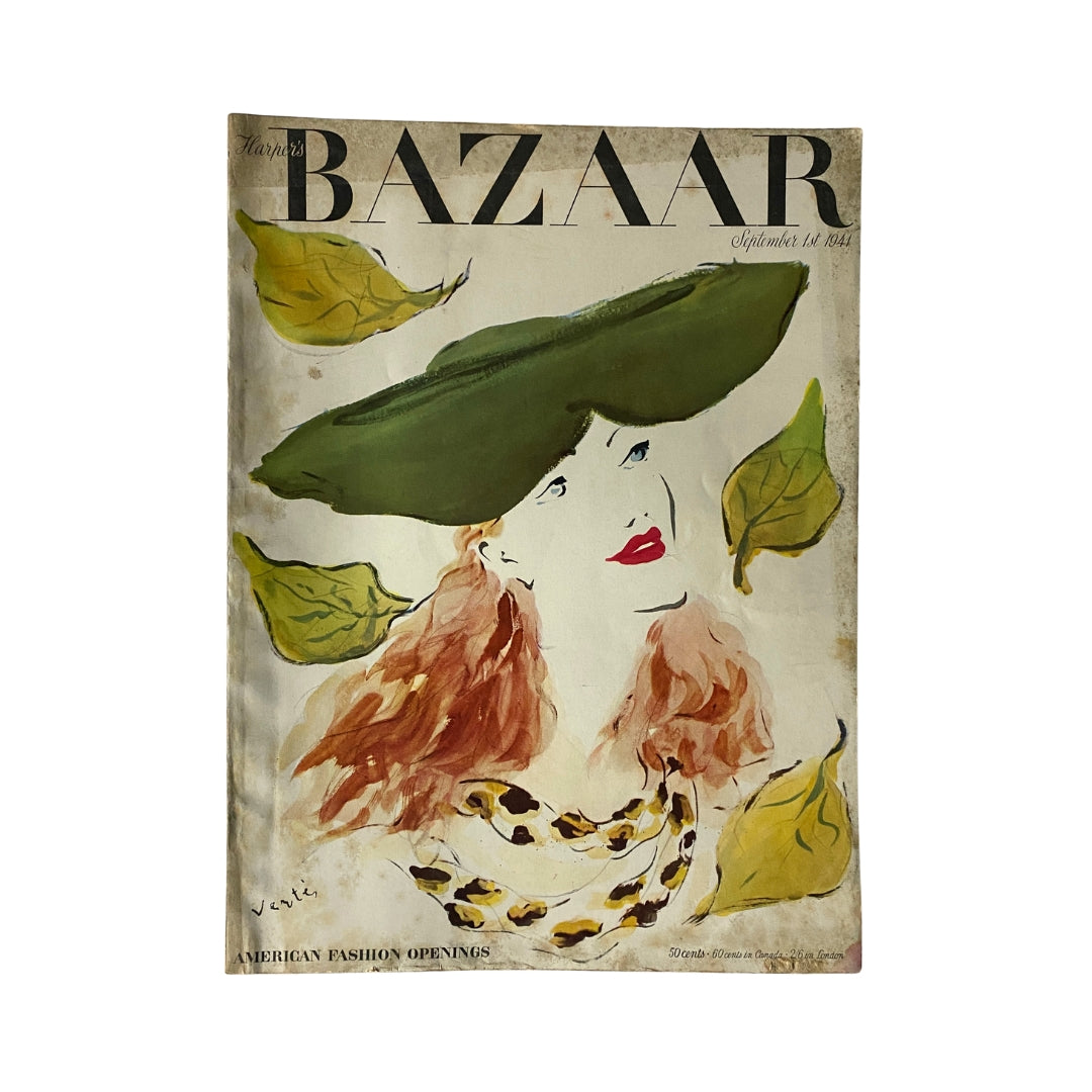 Cover of Harper's Bazaar Magazine from September 1, 1941 featuring a painted illustration of a woman in a green hat with red lips and a leopard print necklace. A piece of fashion history showcasing the style of the early 1940s.