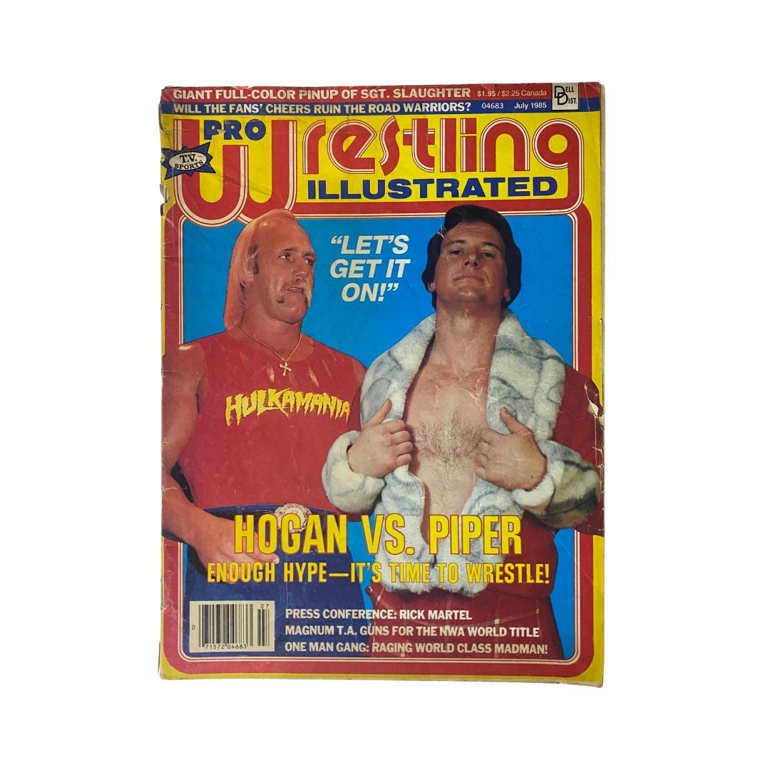 Cover of Pro Wrestling Illustrated July 1985 featuring Hulk Hogan and Roddy Piper, showcasing the iconic wrestling match hype with bold lettering and vibrant colors.