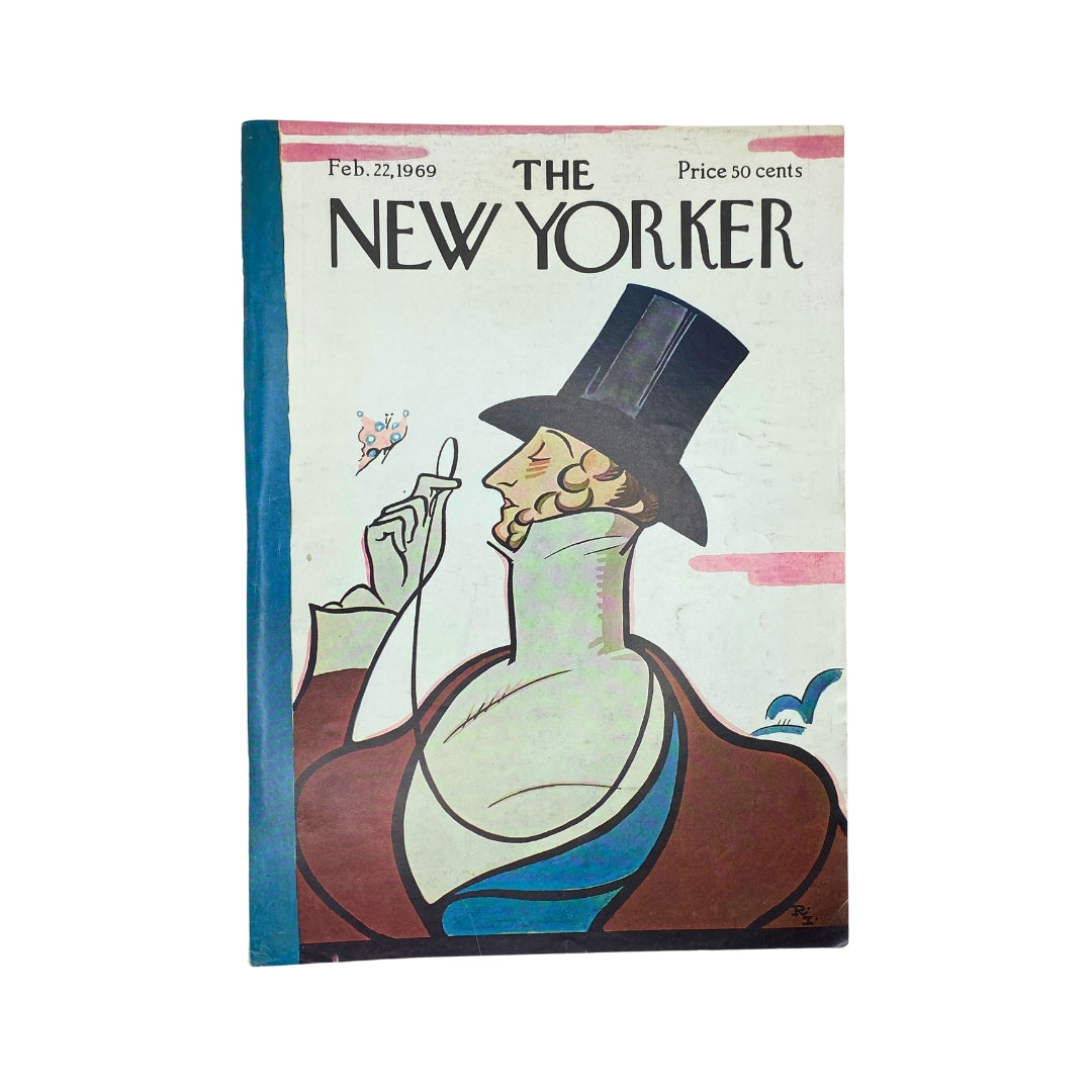 Cover of The New Yorker magazine from February 22, 1969 featuring a Rea Irvin illustration with a dapper man in a top hat, highlighting the vibrant artistic style of the late 1960s.