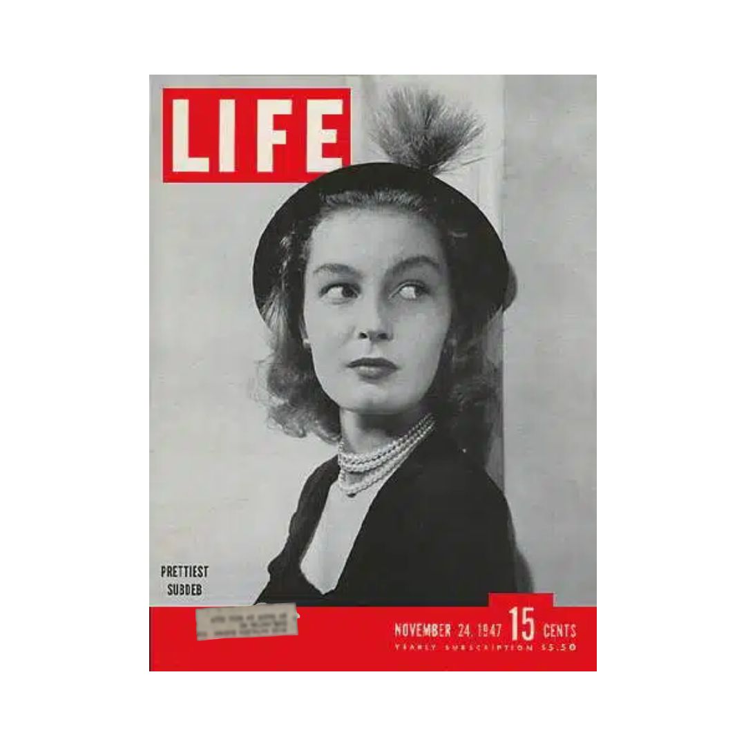 Cover of VTG Life Magazine from November 24, 1947 featuring the title 'Prettiest Subdeb', showcasing a vintage photograph of a woman wearing a hat and pearls.