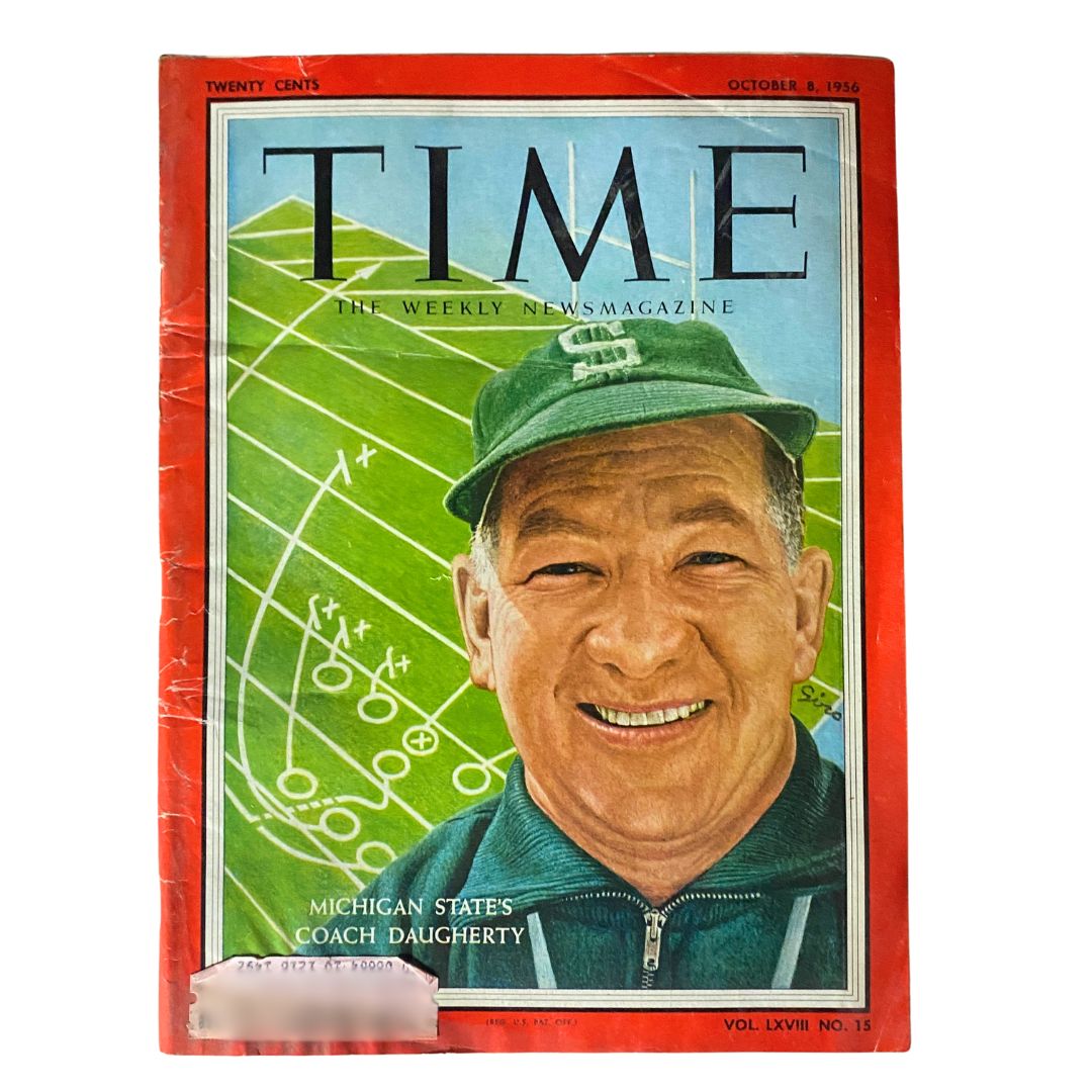 VTG Time Magazine October 8, 1956 featuring Duffy Daugherty on the cover, showcasing his significance in college football with a colorful background.