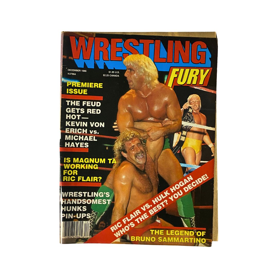 Wrestling Fury Magazine December 1986 featuring Hulk Hogan vs Ric Flair on the cover, showcasing vibrant graphic design and highlights of wrestling rivalries.