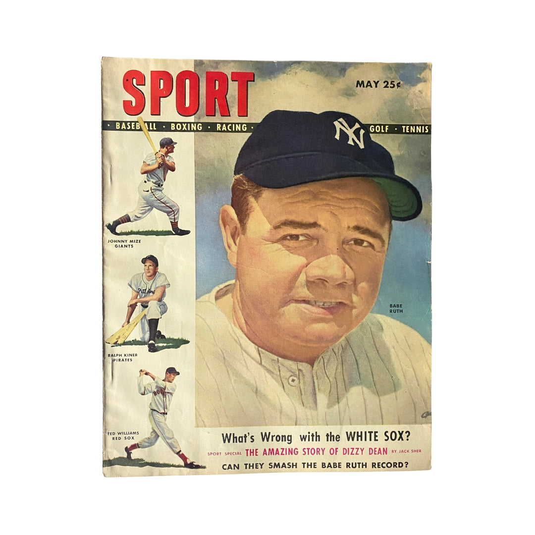 Sport Magazine May 1948 featuring Babe Ruth, Johnny Mize, and Ralph Kiner on the cover, capturing the essence of post-war American sports culture.