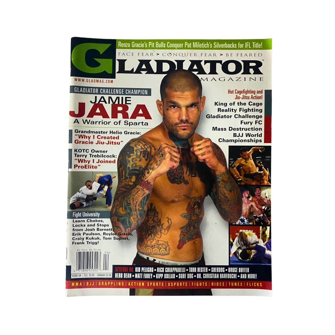 Gladiator Magazine 2007 No. 4 featuring Jamie Jara, a Warrior of Sparta, showcasing his impressive physique and tattoos on the cover, highlighting the magazine's focus on ancient warriors and gladiators.