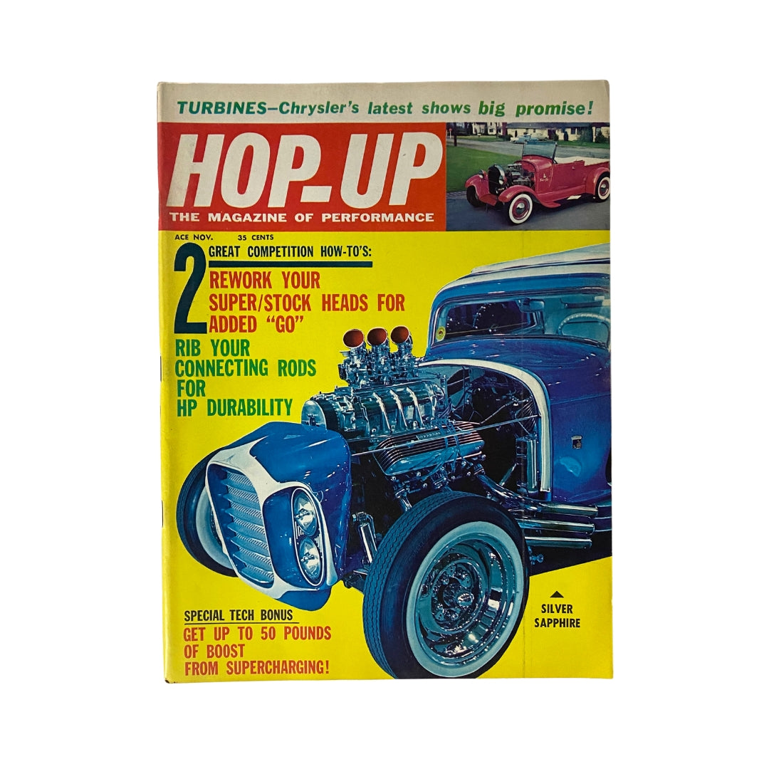 VTG Hop-Up Magazine November 1963 #23 titled 'Silver Sapphire' showcasing an iconic car with a supercharged engine on the cover, representing automotive performance history.