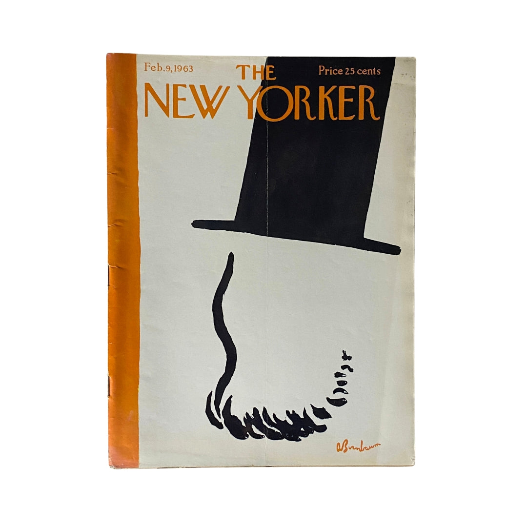 The New Yorker Complete Magazine from February 9, 1963 featuring an Abe Birnbaum cover with a bold graphic of a top hat and mustache, priced at 25 cents.