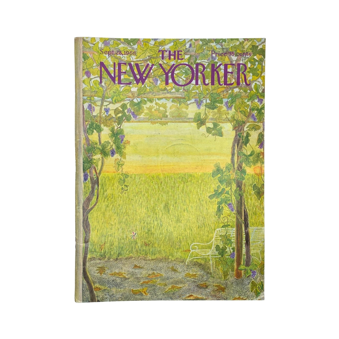 Cover of The New Yorker magazine from September 28, 1968, featuring an illustration by Ilonka Karasz, depicting a serene outdoor scene with vines and a bench.