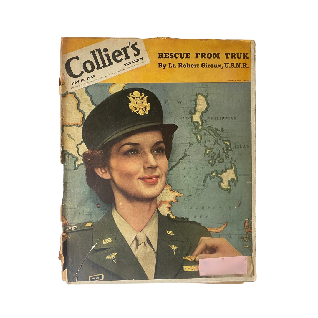 Cover of VTG Collier's Magazine dated May 13, 1944 featuring a woman in military attire, associated with the article 'Rescue from Truk' by Lt. Robert Giroux, U.S.N.R. The cover is illustrated by Erwin Blumenfeld.
