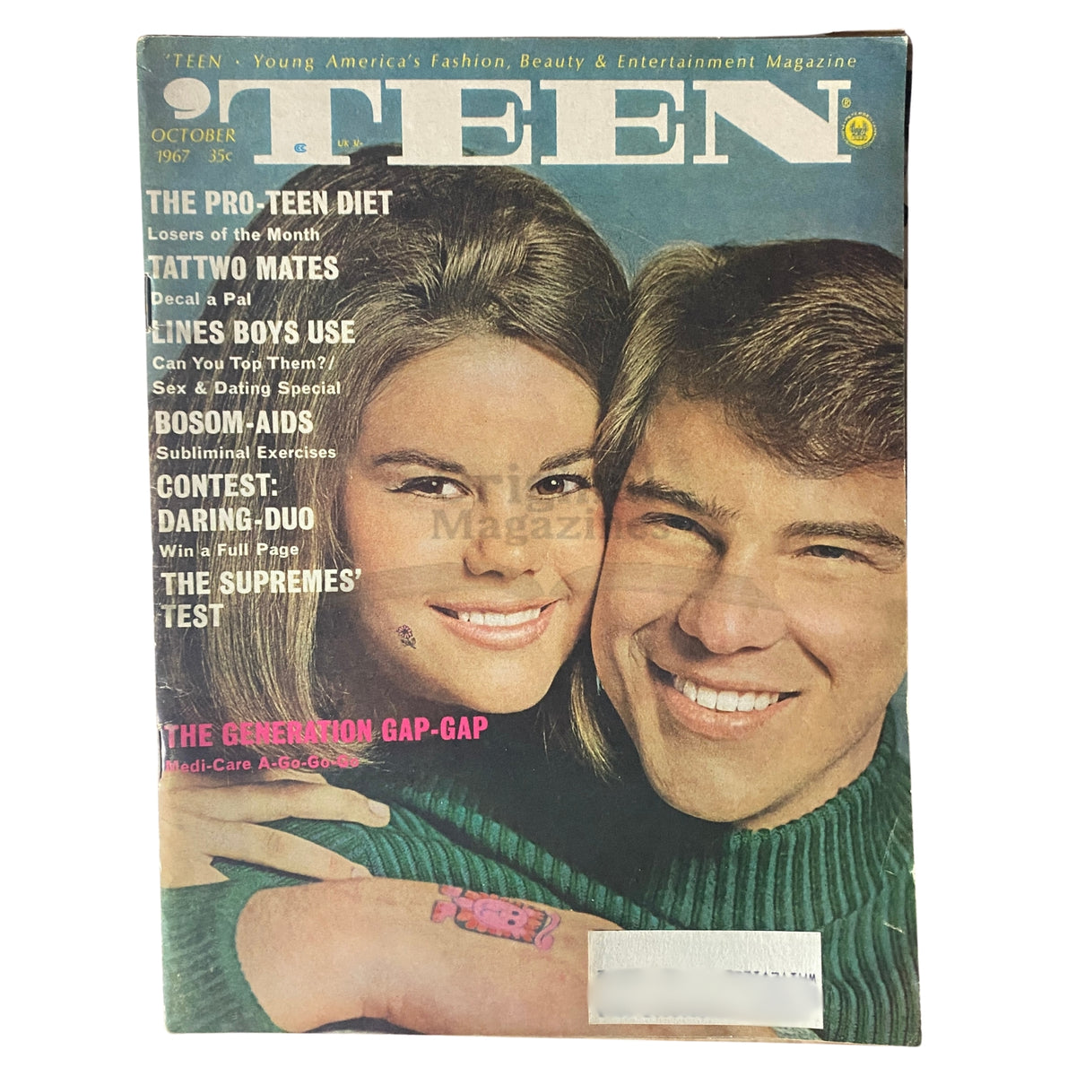 Front cover of 'Teen Magazine October 1967' featuring a young couple smiling, showcasing 1960s fashion and culture themes such as the Generation Gap and beauty trends.