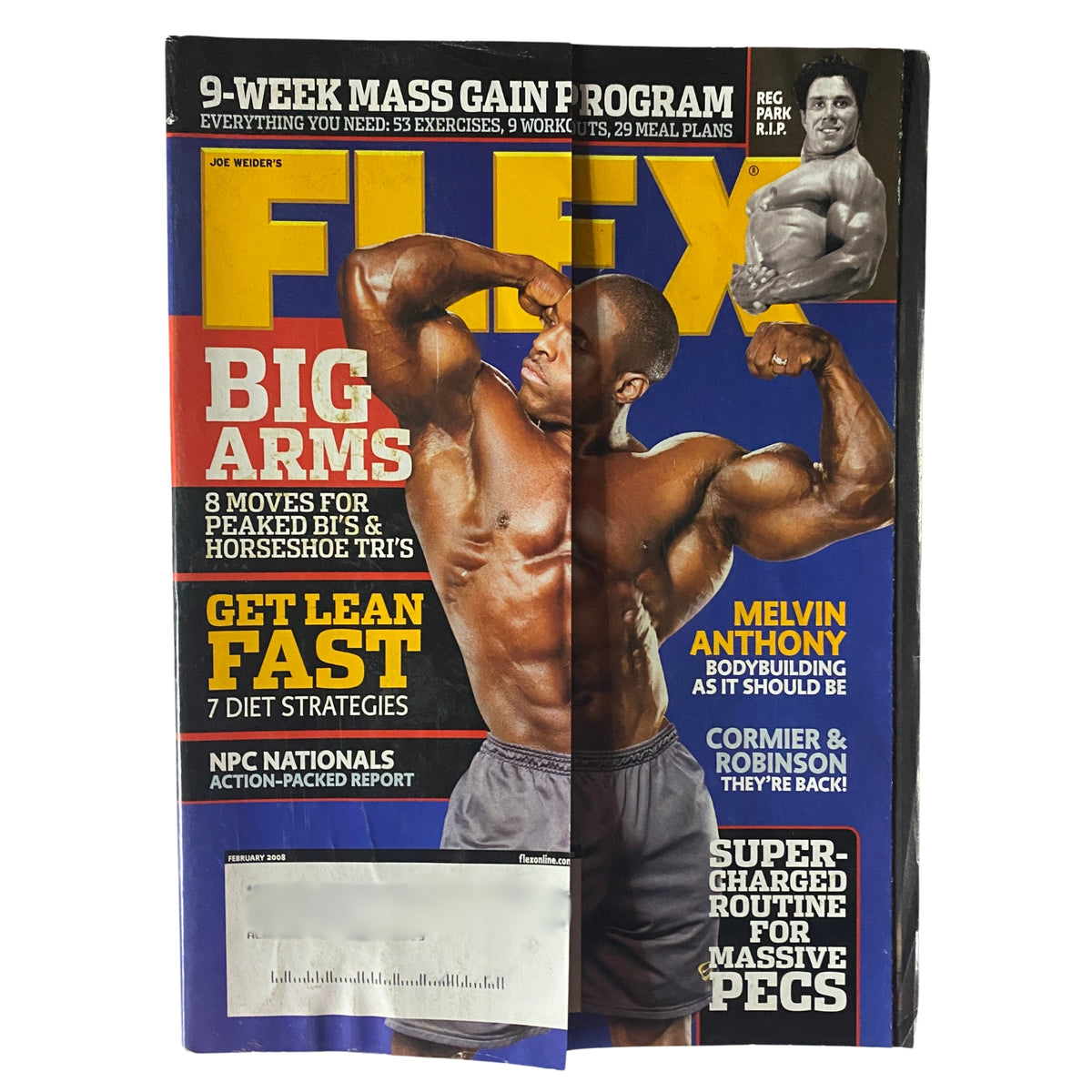 Cover of Flex Magazine February 2008 Vol 25, Num 12 featuring Melvin Anthony showcasing a bodybuilding pose and Reg Park. Highlights include articles on training methods and nutritional strategies.