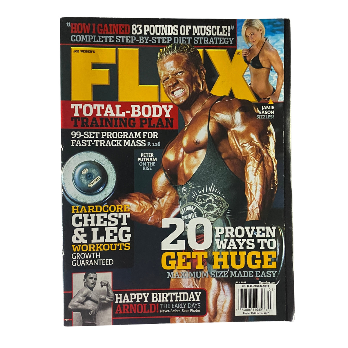 Cover of Flex Magazine July 2007 Vol 25 Num 5 featuring Peter Putnam and Jamie Eason showcasing bodybuilding techniques and a total-body training plan.