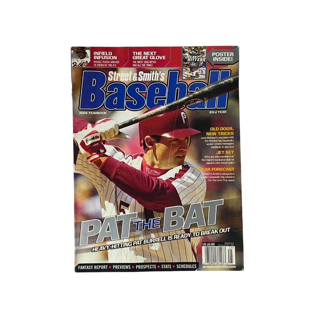 Street & Smith's Baseball Yearbook 2004 featuring Pat Burrell on the cover, showcasing the 2004 MLB season highlights and collectible sports magazine allure.
