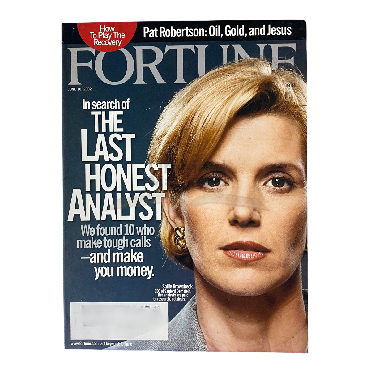 Fortune Magazine, June 10, 2002 cover featuring Sallie Krawcheck, CEO of Sanford Bernstein, with the headline 'In Search Of The Last Honest Analyst'. This issue highlights financial insights and investment strategies.