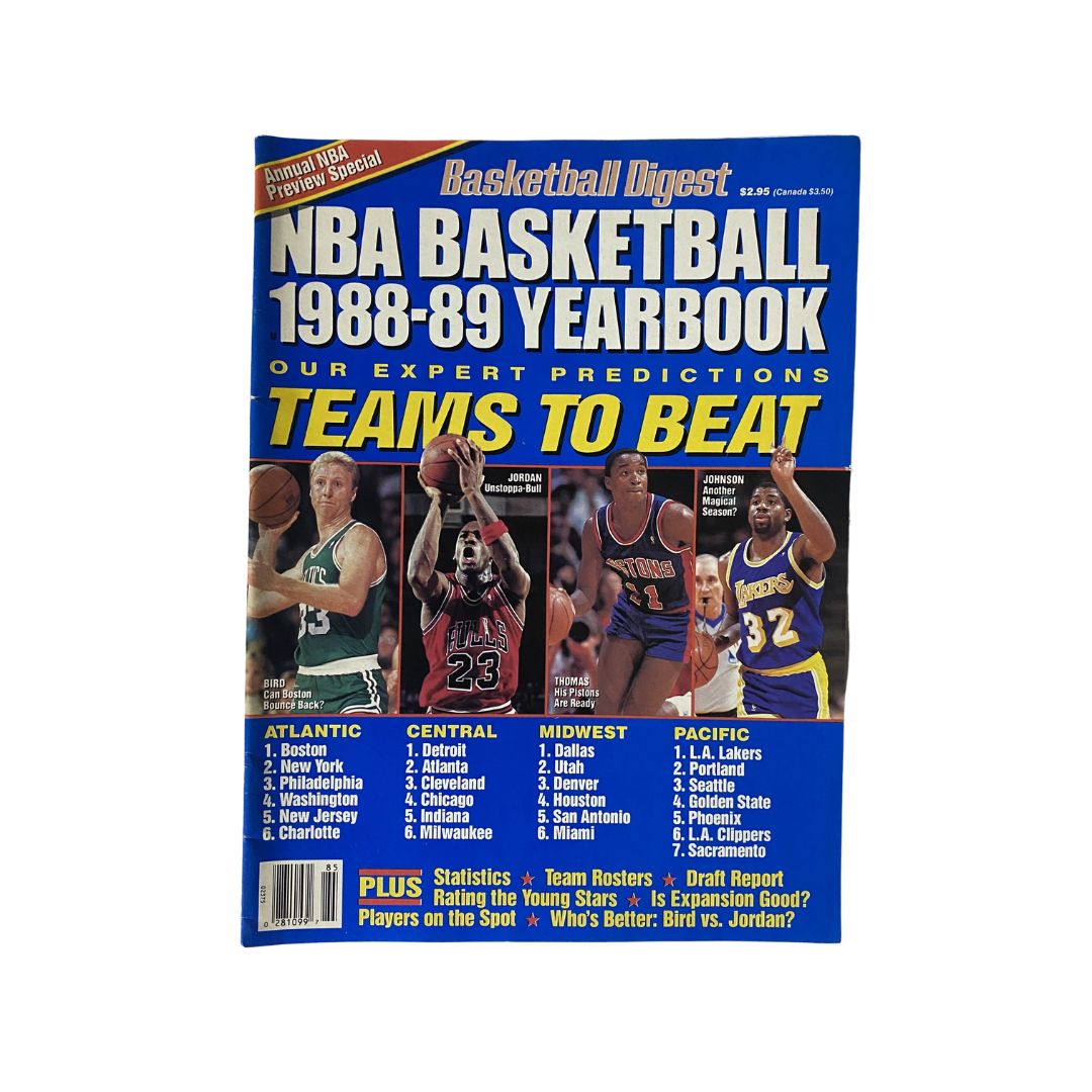 Cover of Basketball Digest Magazine 1988-1989 featuring NBA stars including Michael Jordan and Magic Johnson with the headline 'NBA BASKETBALL 1988-89 YEARBOOK' highlighting expert predictions and teams to beat.