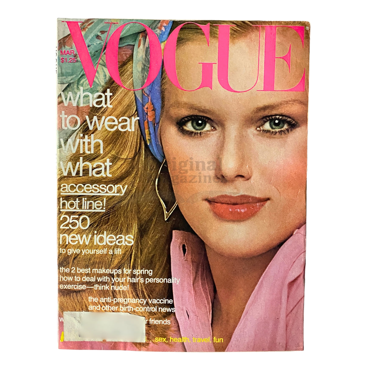 Vogue Magazine March 1977 featuring Patti Hansen on the cover with a floral headscarf, emphasizing 70s fashion trends.