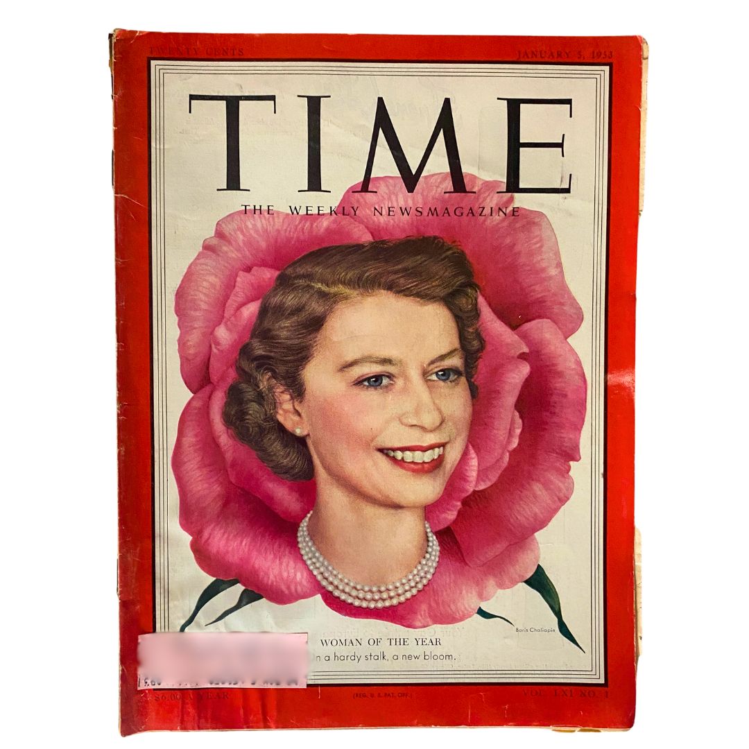 VTG Time Magazine January 5, 1953 Vol 61 No. 1 featuring Elizabeth II as Woman of the Year, showcasing a portrait of the Queen surrounded by a vibrant pink flower.