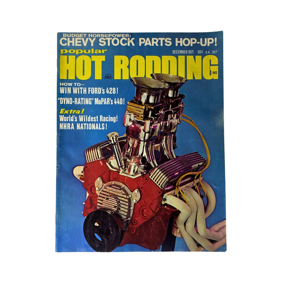 Cover of Popular Hot Rodding Magazine December 1971 featuring MoPar's 440 engine with a colorful headline highlighting automotive topics.