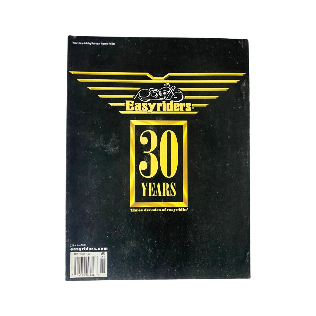 Back cover of Easyriders Magazine June 2001 #336 showcasing '30 Years of Easyriders' with a striking black and yellow design.