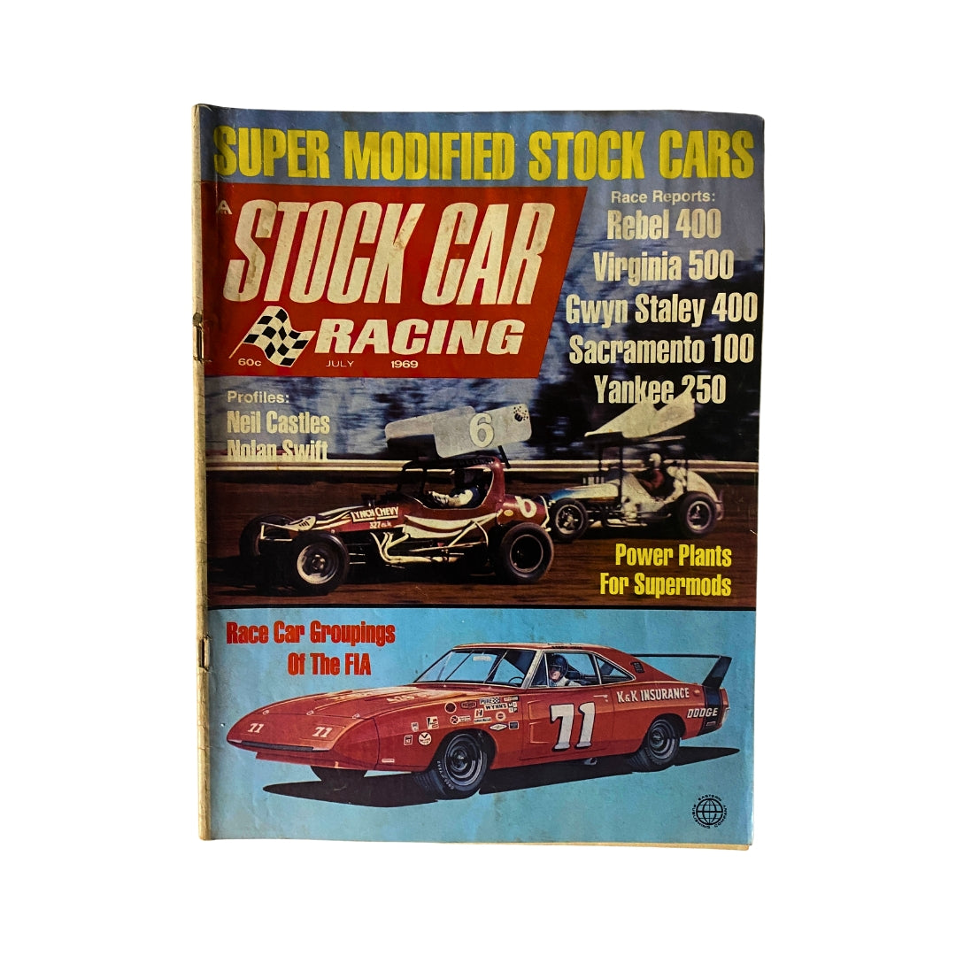 Cover of VTG Stock Car Racing Magazine from July 1969 featuring profiles of Neil Castles and Nolan Swift, with highlights on major races like Rebel 400 and Virginia 500.