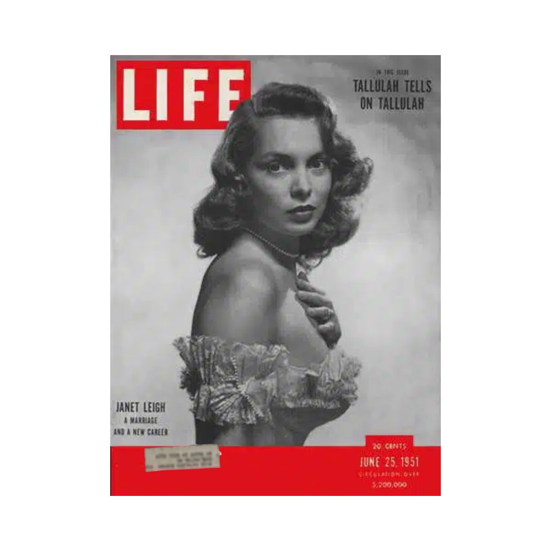 Vintage Life Magazine cover from June 25, 1951, featuring Janet Leigh, an American actress, highlighting articles on her marriage and career. Black and white image with red and white 'LIFE' logo.