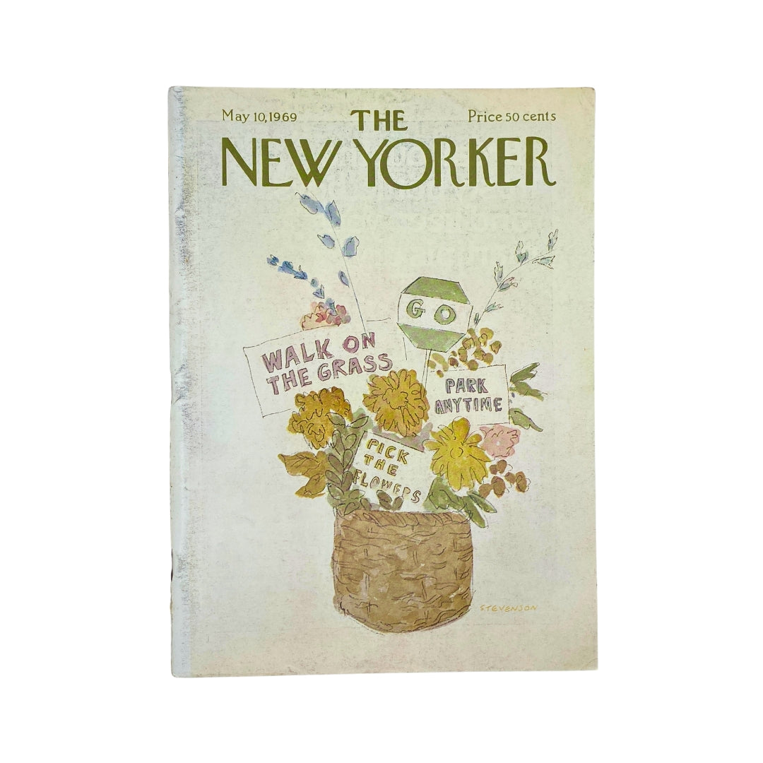Cover of The New Yorker magazine dated May 10, 1969, featuring an illustration by James Stevenson with floral designs and text encouraging visitors to enjoy the park.