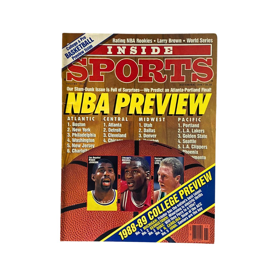 Inside Sports Magazine November 1988 cover featuring Magic Johnson and Michael Jordan. The cover highlights the NBA preview for the 1988-89 season, showcasing major teams and players.