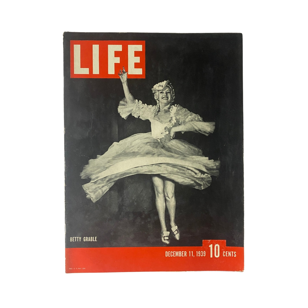 Cover of Life Magazine December 11, 1939 featuring Betty Grable, a vintage magazine showcasing a glamorous image of the Hollywood star.