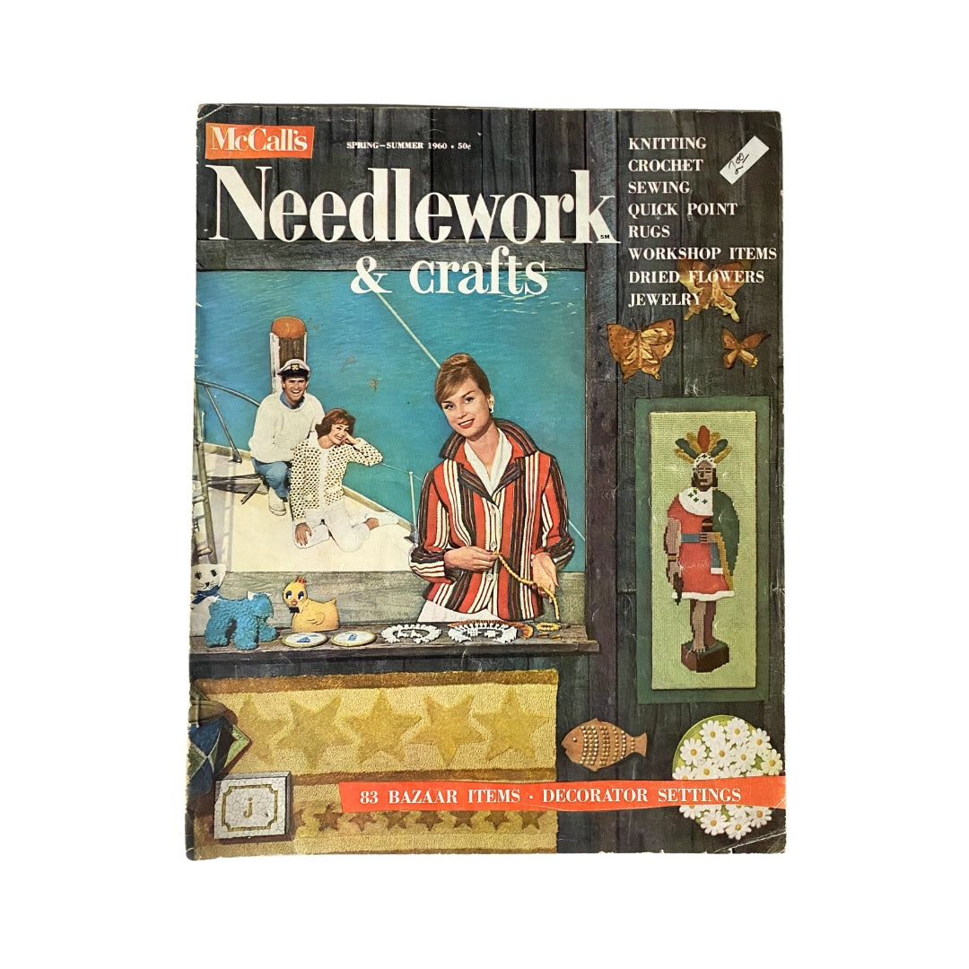 Vintage McCall's Needlework & Crafts Spring-Summer 1960 magazine cover featuring knitting, crochet, and sewing ideas, showcasing a colorful design with models and crafts display.