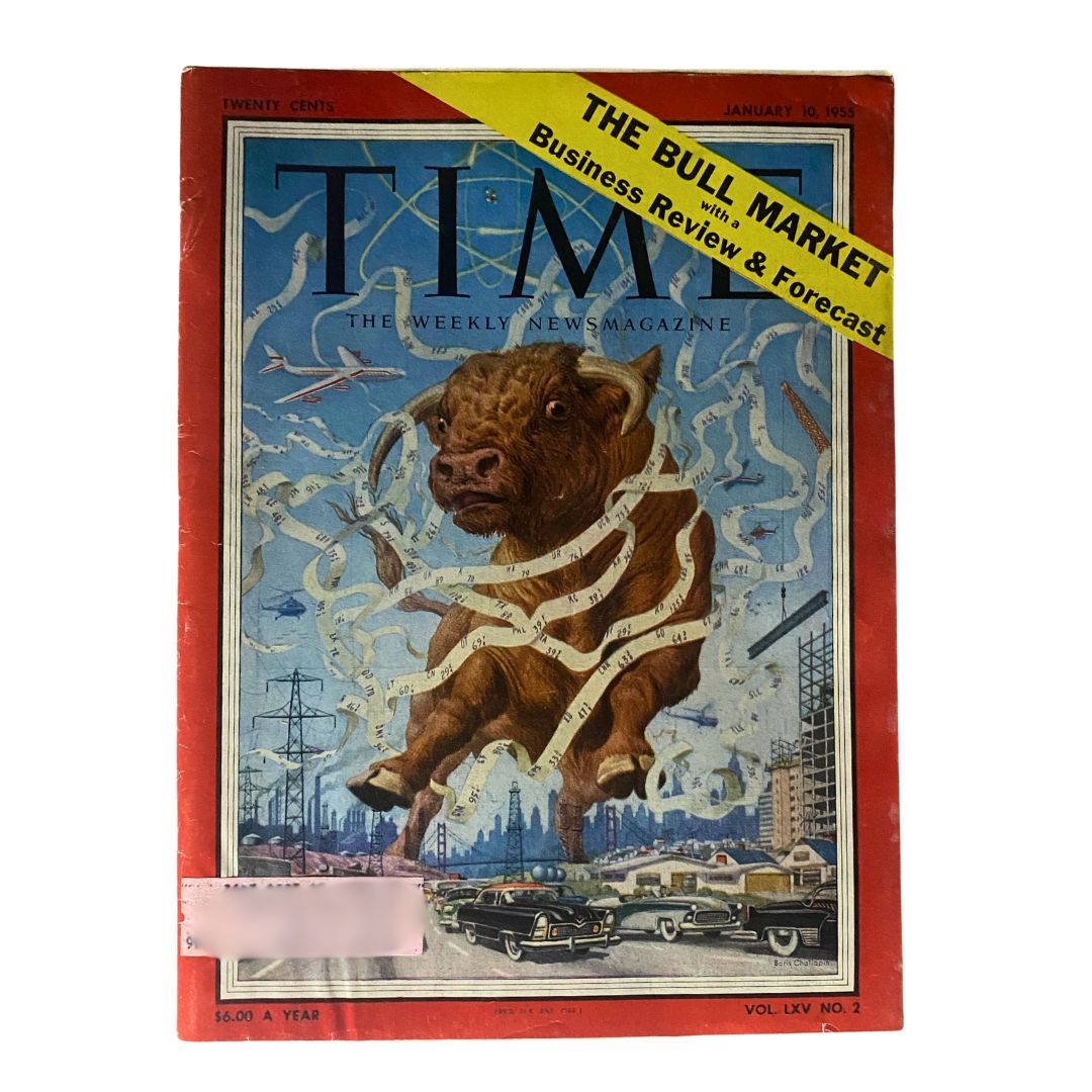 Cover of VTG Time Magazine January 10, 1955 Vol 65 No. 2 featuring the Bull Market Forecast, illustrated with a powerful bull and striking visuals.