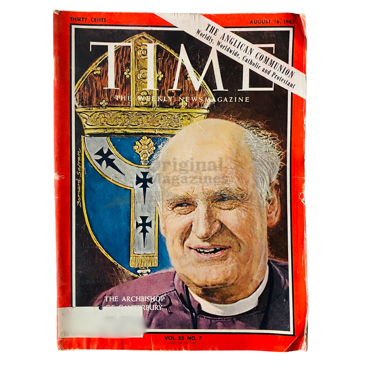 Time Magazine cover from August 16, 1963, Vol. 82 No. 7 featuring The Archbishop of Canterbury. The cover highlights the Anglican Communion with a vivid portrait of the archbishop alongside symbolic elements.