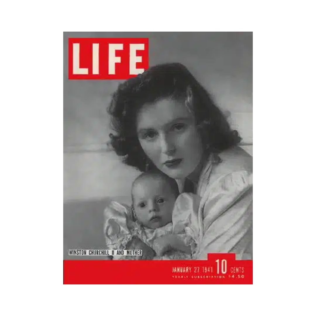 Vintage Life Magazine cover from January 27, 1941, featuring Winston Churchill II and his mother, showcasing a historical moment during World War II.