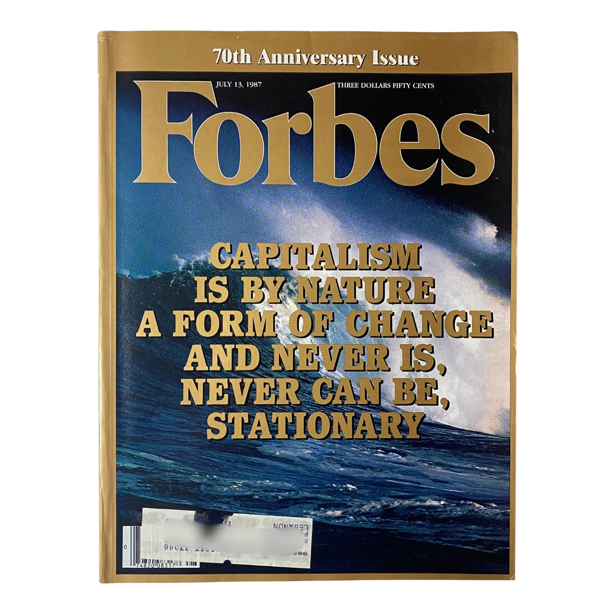 Forbes Magazine July 13, 1987 Cover featuring the headline 'Capitalism is by Nature A Form of Change' with a powerful ocean wave background.