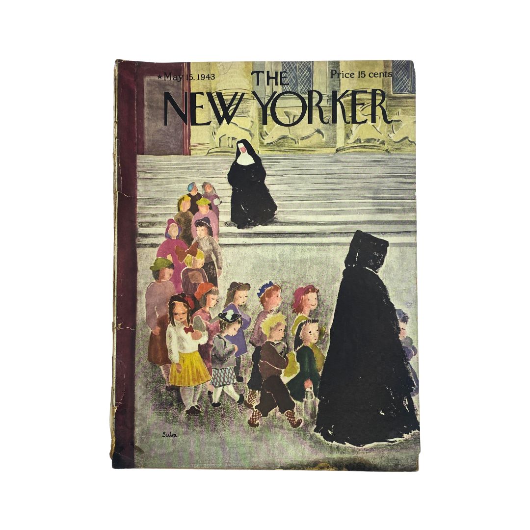 The New Yorker Complete Magazine May 15, 1943 featuring an artistic cover by Susanne Suba, depicting a line of children with a nun, showcasing 1940s illustration style.