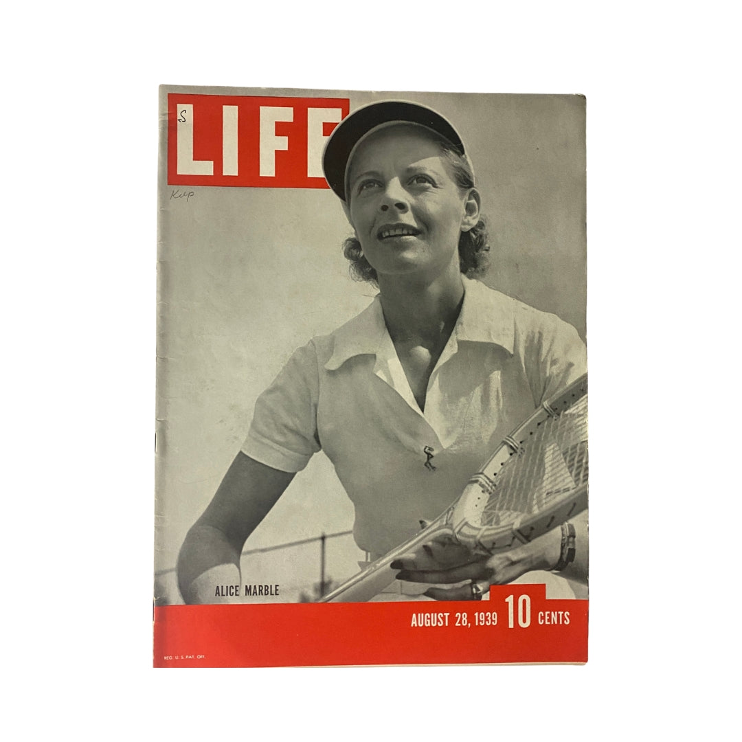 Life Magazine August 28, 1939 featuring a cover portrait of tennis star Alice Marble, showcasing her athleticism and vintage style.