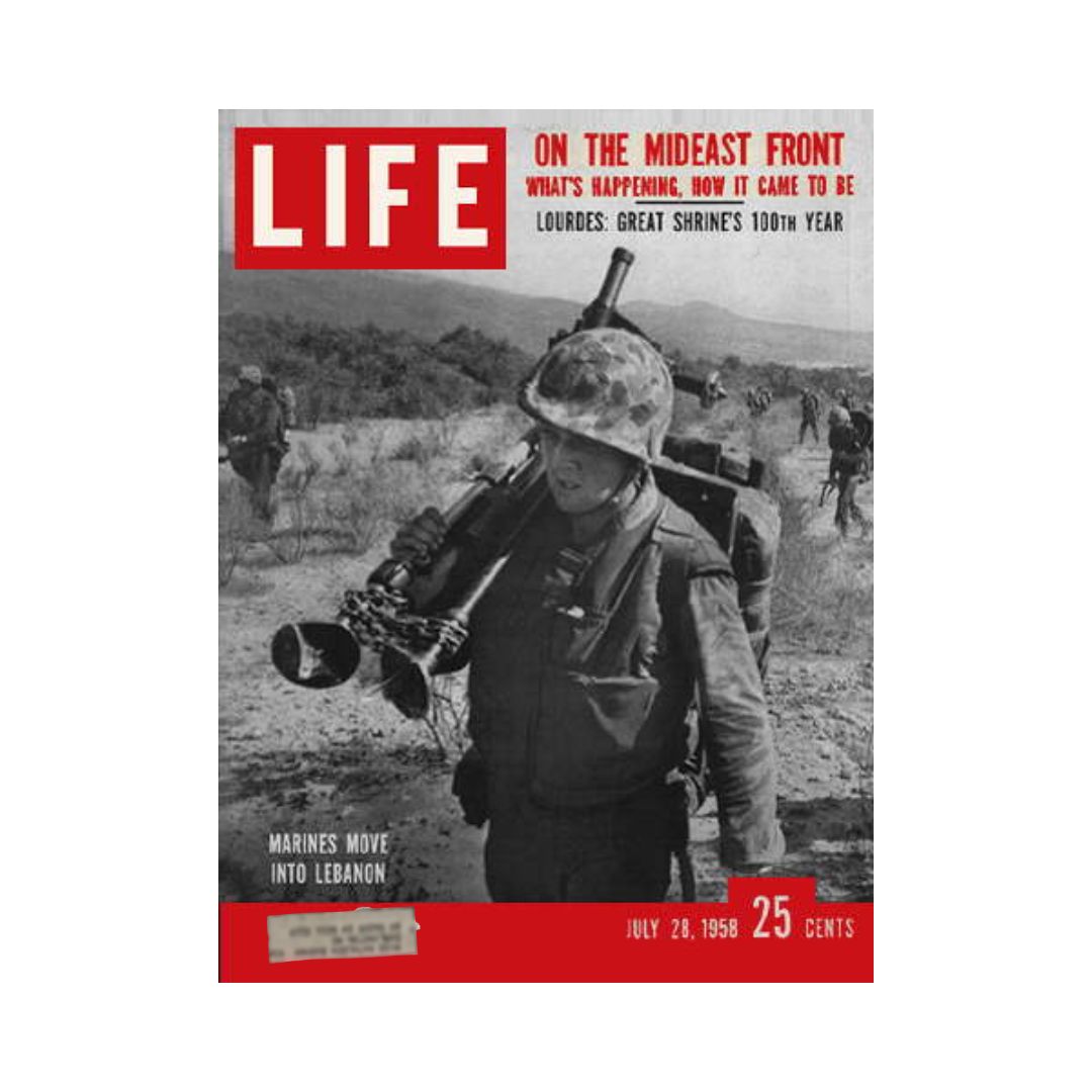 Cover of the vintage Life magazine dated July 28, 1958, featuring the headline 'U.S. Marines Move Into Lebanon' with an image of a soldier and soldiers in the background, representing the geopolitical events of the time.