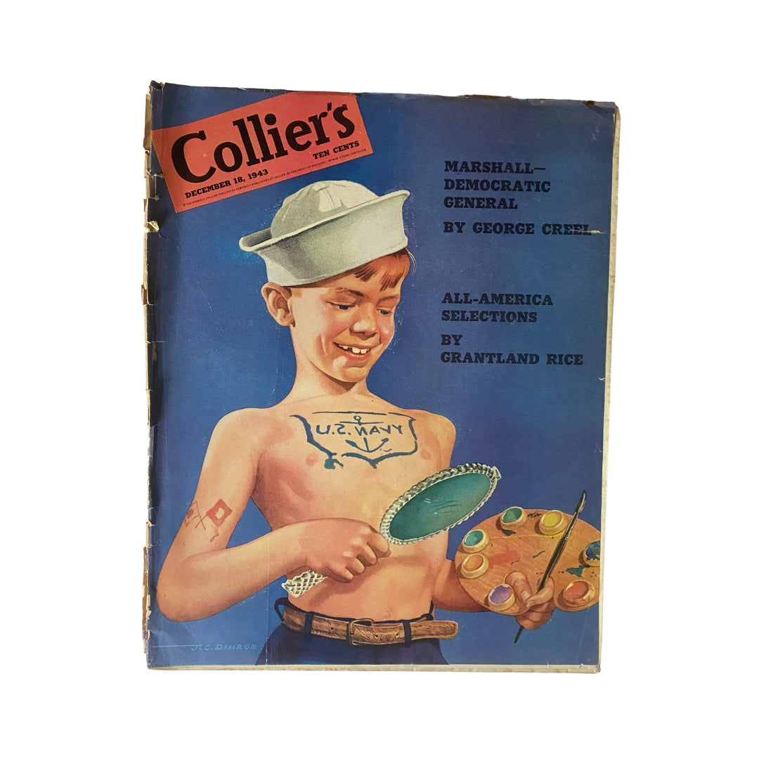 Cover of VTG Collier's Magazine December 18, 1943 featuring a boy in a sailor hat, displaying body art and holding a palette, with the title 'Marshall—Democratic General' by George Creel.