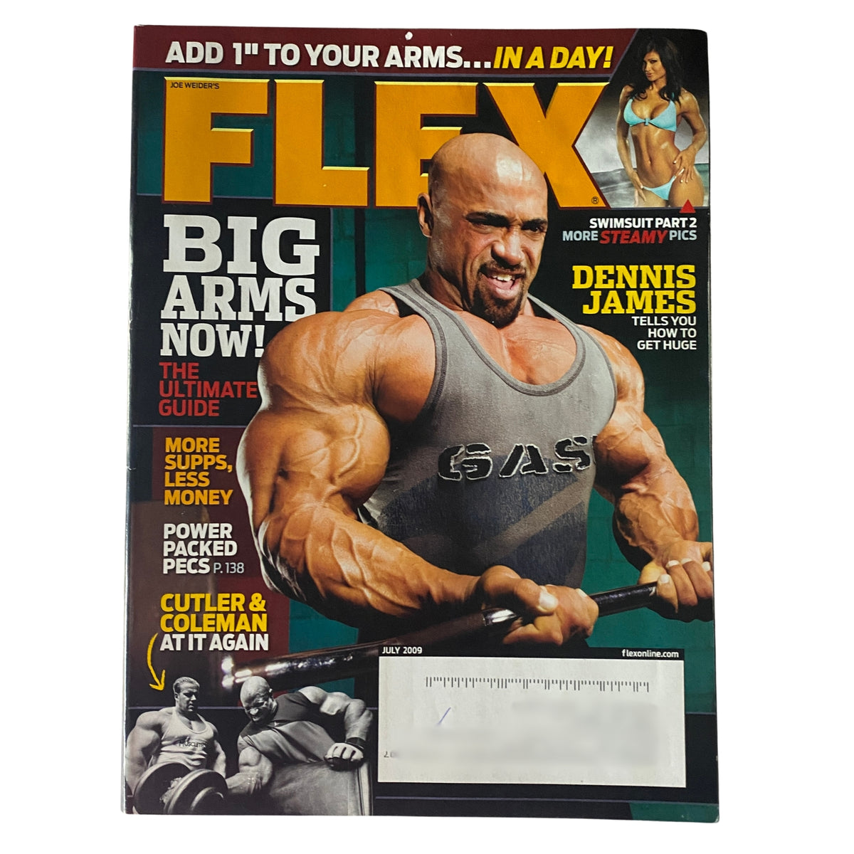 Flex Magazine July 2009 featuring Dennis James on the cover, showcasing bodybuilding and fitness insights, Volume 27, Number 5.