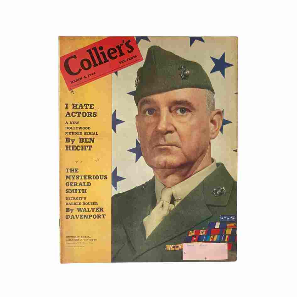 Cover of VTG Collier's Magazine March 4, 1944 featuring Lt. Gen. Alexander A. Vandegrift, with a military theme and prominent star background.