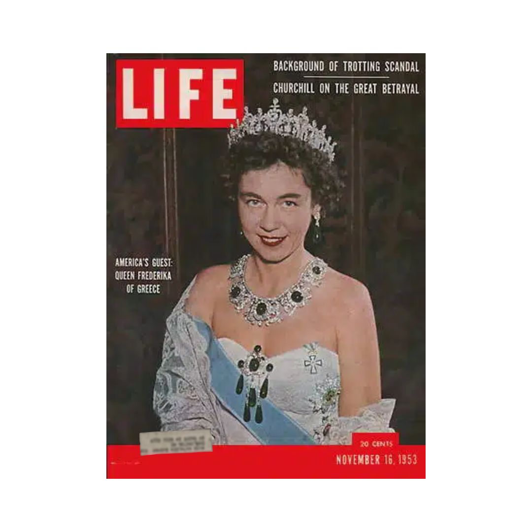 Vintage Life Magazine from November 16, 1953 showcasing Queen Frederika of Greece on the cover, highlighting historical context and cultural insights from the 1950s.