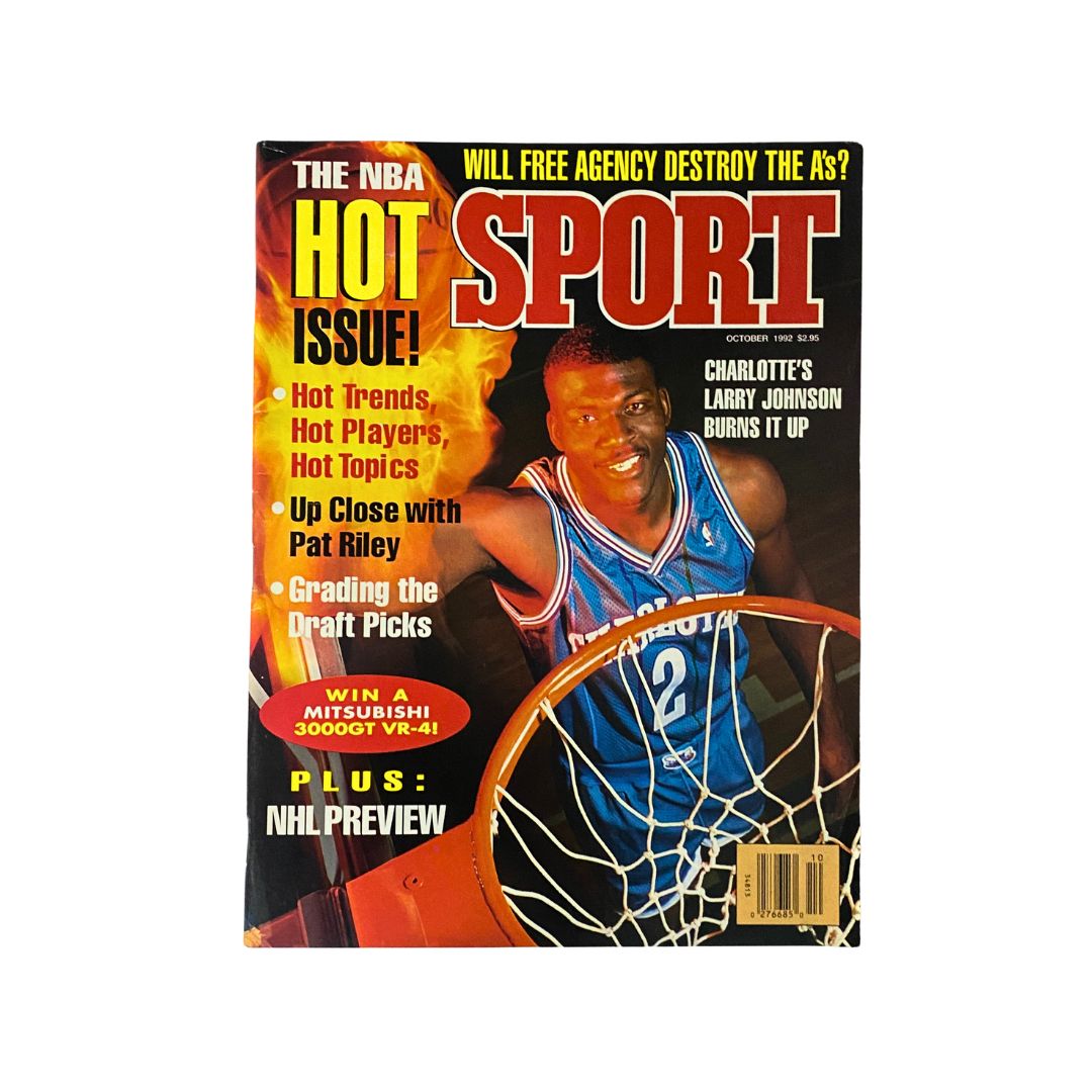 Sport Magazine October 1992 featuring Charlotte's Larry Johnson on the cover, highlighting the NBA Hot Issue with bold graphics and vibrant imagery.
